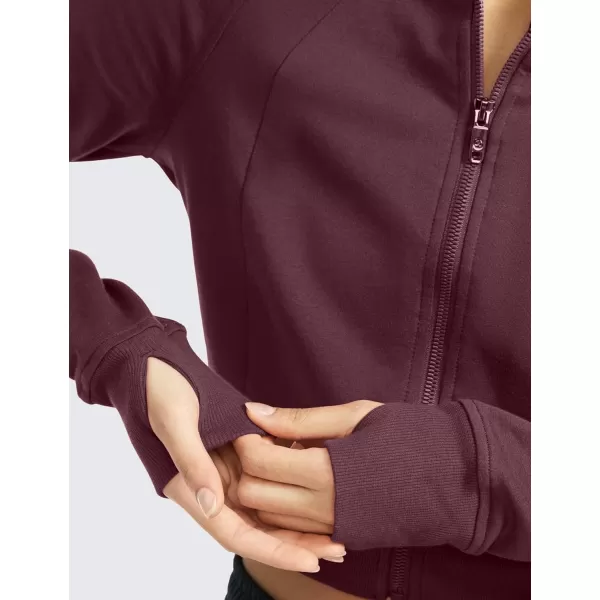 CRZ YOGA Womens Fleece Zip Up Cropped Hoodie Workout Jacket Athletic Casual Long Sleeve Sweatshirts with Thumb HolesDark Red