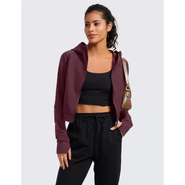 CRZ YOGA Womens Fleece Zip Up Cropped Hoodie Workout Jacket Athletic Casual Long Sleeve Sweatshirts with Thumb HolesDark Red