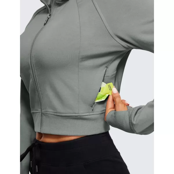 CRZ YOGA Womens Fleece Zip Up Cropped Hoodie Workout Jacket Athletic Casual Long Sleeve Sweatshirts with Thumb HolesGrey Sage