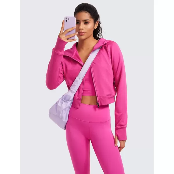 CRZ YOGA Womens Fleece Zip Up Cropped Hoodie Workout Jacket Athletic Casual Long Sleeve Sweatshirts with Thumb HolesHibiscus Purple