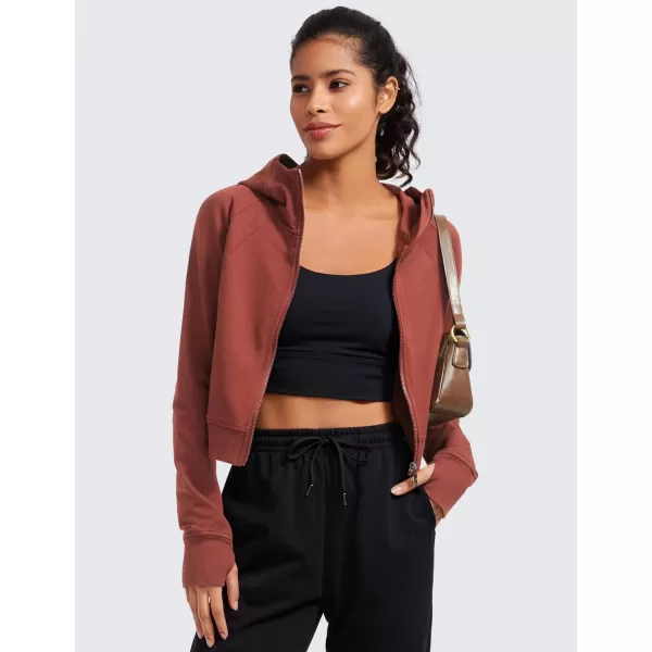 CRZ YOGA Womens Fleece Zip Up Cropped Hoodie Workout Jacket Athletic Casual Long Sleeve Sweatshirts with Thumb HolesJujube Brown