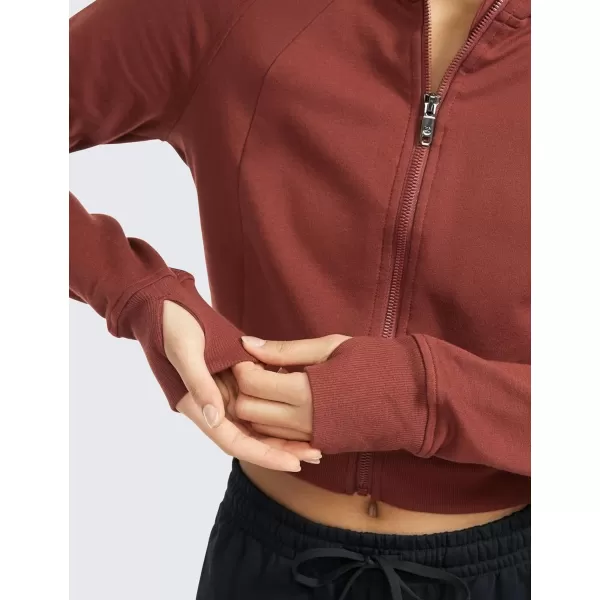 CRZ YOGA Womens Fleece Zip Up Cropped Hoodie Workout Jacket Athletic Casual Long Sleeve Sweatshirts with Thumb HolesJujube Brown