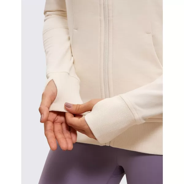 CRZ YOGA Womens Full Zip Hooded Sweatshirts Workout Sweat Jackets Slim Fit Running Track Hoodies with ThumbholesWhite Apricot