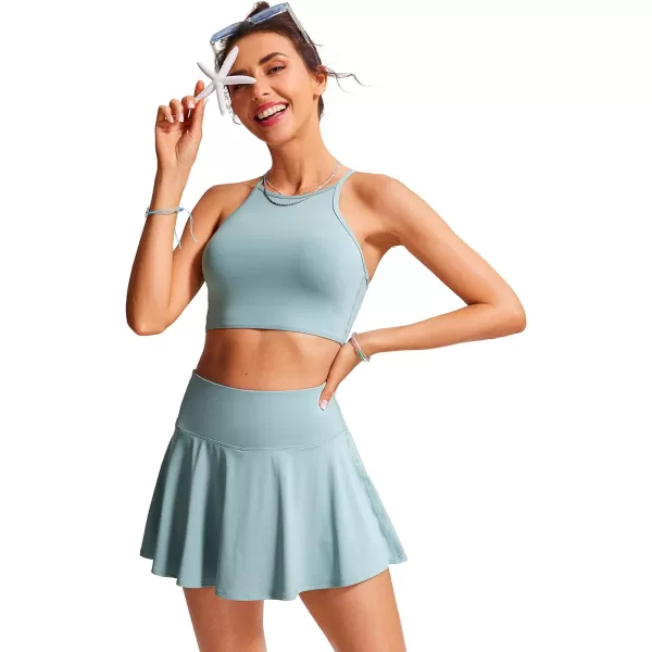 CRZ YOGA Womens High Waisted Swim Skirt Pleated Skorts Skirts Athletic Bathing Skirt Swimsuit Bottoms with Side PocketLight Grayish Blue