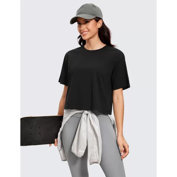 CRZ YOGA Womens Loose Fit Cotton Polyester Short Sleeve Shirts Crop Tops Casual Workout TShirtsBlack