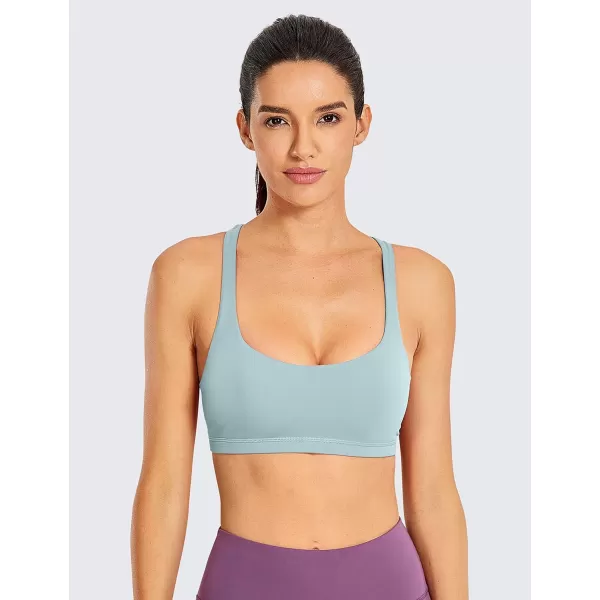 CRZ YOGA Womens Low Impact Strappy Sports Bra  Low Cut Wirefree Padded Yoga Bra Criss Cross BackLight Grayish Blue