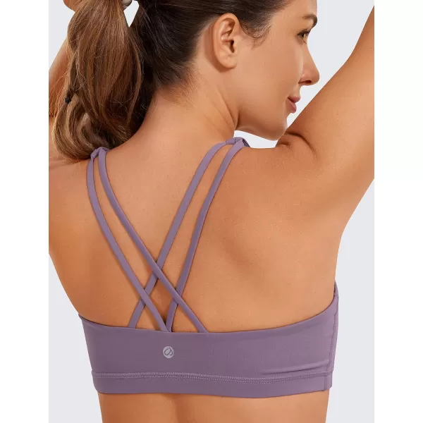 CRZ YOGA Womens Low Impact Strappy Sports Bra  Low Cut Wirefree Padded Yoga Bra Criss Cross BackMatt Purple