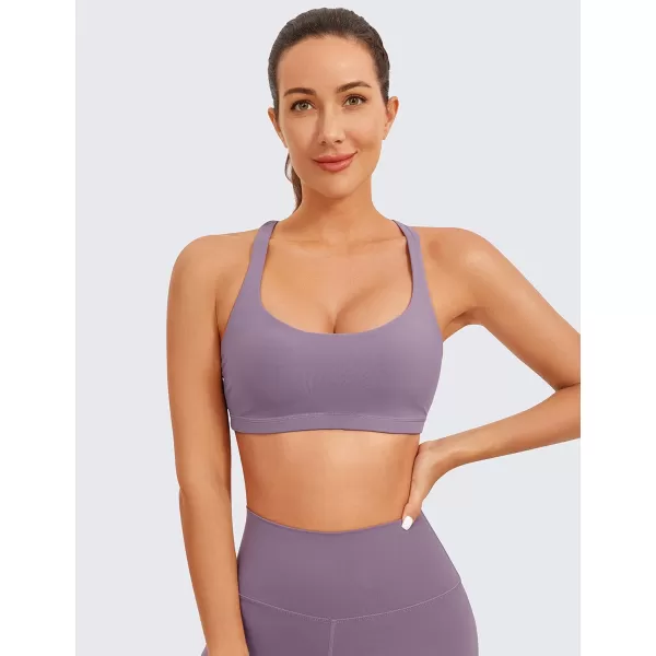 CRZ YOGA Womens Low Impact Strappy Sports Bra  Low Cut Wirefree Padded Yoga Bra Criss Cross BackMatt Purple