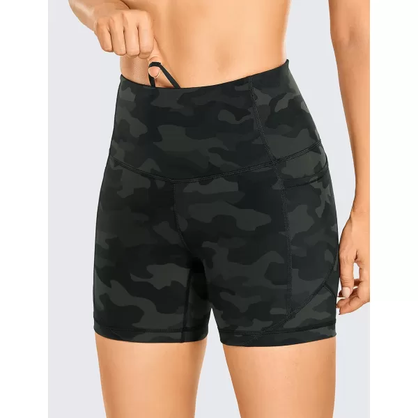 CRZ YOGA Womens Naked Feeling Biker Shorts  5 Inches High Waisted Gym Running Compression Spandex Shorts Side PocketsOlive Camouflage