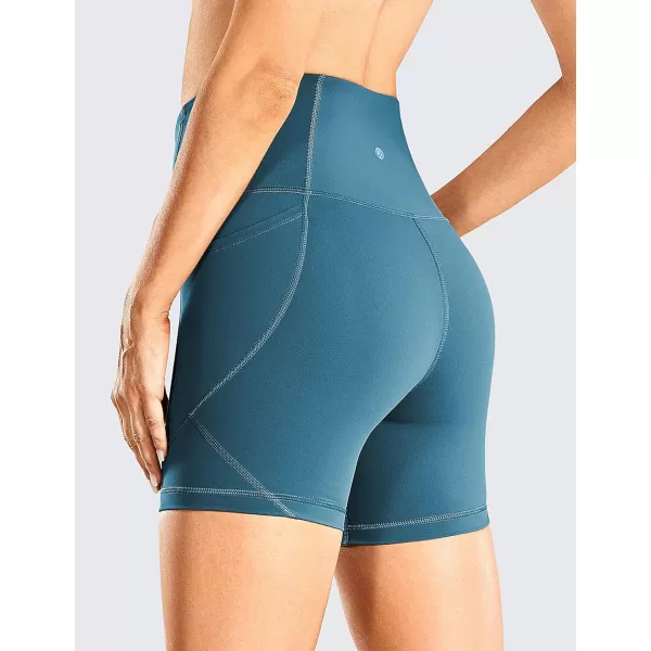 CRZ YOGA Womens Naked Feeling Biker Shorts  5 Inches High Waisted Gym Running Compression Spandex Shorts Side PocketsPetrol Blue