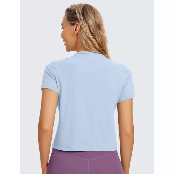 CRZ YOGA Womens Pima Cotton Short Sleeve Crop Tops High Neck Cropped Workout Tops Yoga Athletic Shirts Casual TShirtBlue Linen