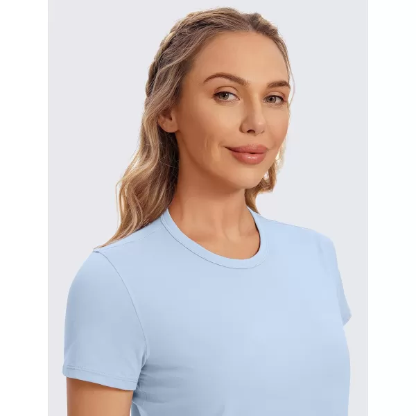 CRZ YOGA Womens Pima Cotton Short Sleeve Crop Tops High Neck Cropped Workout Tops Yoga Athletic Shirts Casual TShirtBlue Linen