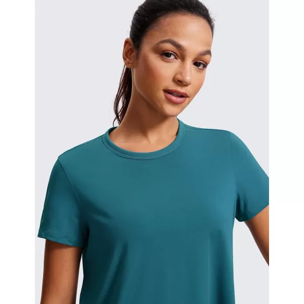 CRZ YOGA Womens Pima Cotton Short Sleeve Crop Tops High Neck Cropped Workout Tops Yoga Athletic Shirts Casual TShirtBorealis Green