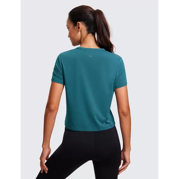 CRZ YOGA Womens Pima Cotton Short Sleeve Crop Tops High Neck Cropped Workout Tops Yoga Athletic Shirts Casual TShirtBorealis Green