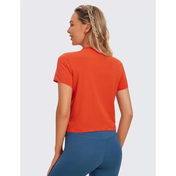 CRZ YOGA Womens Pima Cotton Short Sleeve Crop Tops High Neck Cropped Workout Tops Yoga Athletic Shirts Casual TShirtBrick Orange