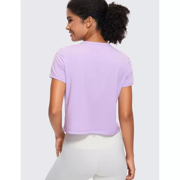 CRZ YOGA Womens Pima Cotton Short Sleeve Crop Tops High Neck Cropped Workout Tops Yoga Athletic Shirts Casual TShirtElfin Purple