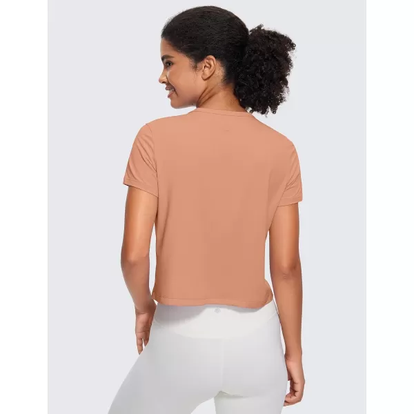 CRZ YOGA Womens Pima Cotton Short Sleeve Crop Tops High Neck Cropped Workout Tops Yoga Athletic Shirts Casual TShirtMocha Mousse