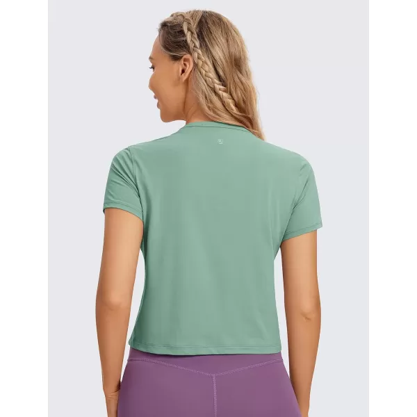 CRZ YOGA Womens Pima Cotton Short Sleeve Crop Tops High Neck Cropped Workout Tops Yoga Athletic Shirts Casual TShirtSoft Seagrass