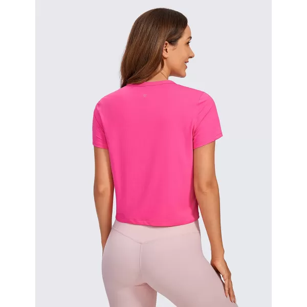 CRZ YOGA Womens Pima Cotton Short Sleeve Crop Tops High Neck Cropped Workout Tops Yoga Athletic Shirts Casual TShirtSonic Pink