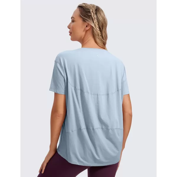 CRZ YOGA Womens Pima Cotton Short Sleeve Shirts Boat Neck Loose Fit Gym Workout TShirt Athletic Casual TopsBlue Linen