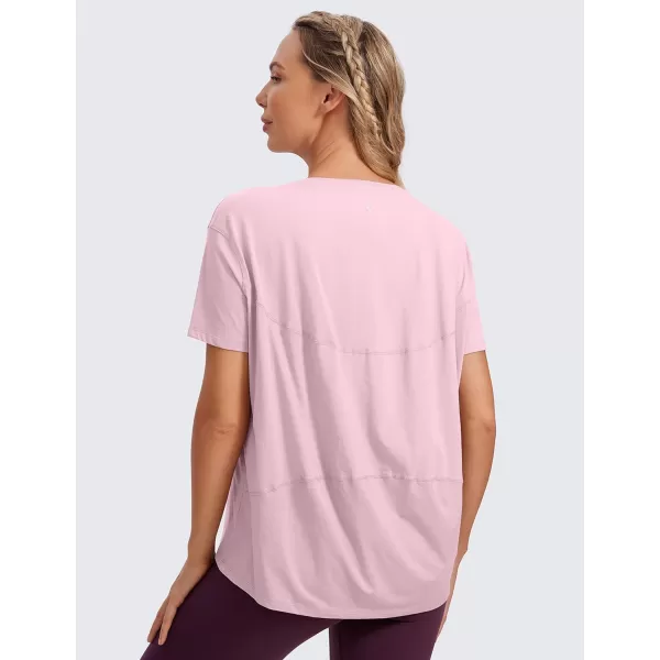 CRZ YOGA Womens Pima Cotton Short Sleeve Shirts Boat Neck Loose Fit Gym Workout TShirt Athletic Casual TopsPink Peony