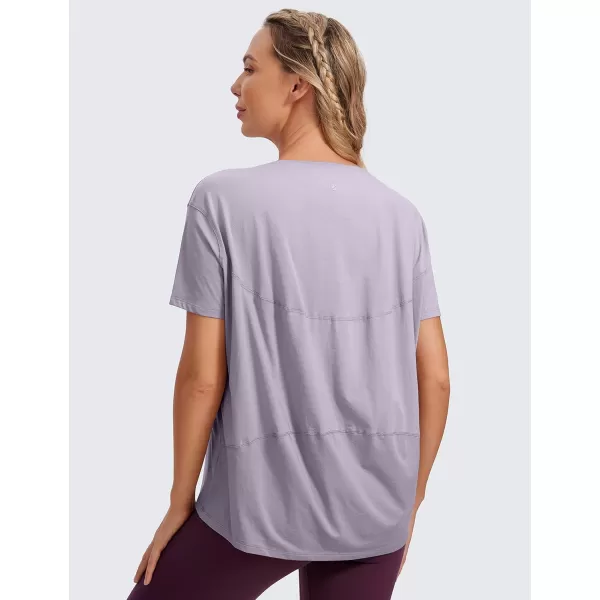 CRZ YOGA Womens Pima Cotton Short Sleeve Shirts Boat Neck Loose Fit Gym Workout TShirt Athletic Casual TopsTinsel Purple