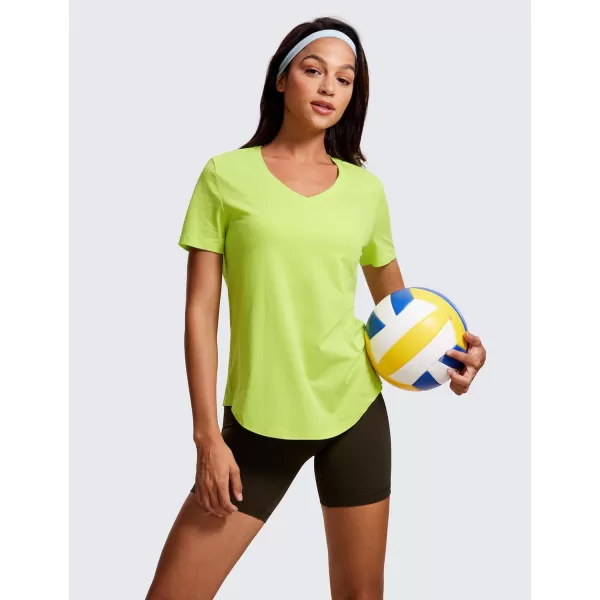 CRZ YOGA Womens Pima Cotton Short Sleeve Shirts V Neck TShirts Casual Workout Tops Gym ClothesBright Verdancy