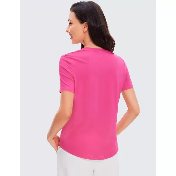 CRZ YOGA Womens Pima Cotton Short Sleeve Shirts V Neck TShirts Casual Workout Tops Gym ClothesSonic Pink