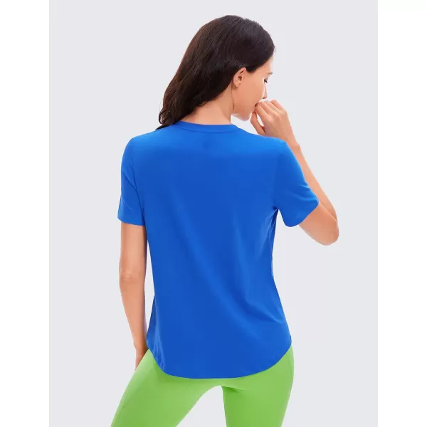 CRZ YOGA Womens Pima Cotton Short Sleeve Shirts V Neck TShirts Casual Workout Tops Gym ClothesStrong Blue
