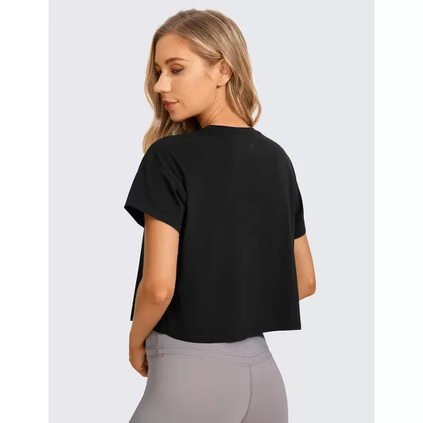 CRZ YOGA Womens Pima Cotton Workout Short Sleeve Shirts Loose Crop Tops Athletic Gym Shirt Casual Cropped TShirtBlack