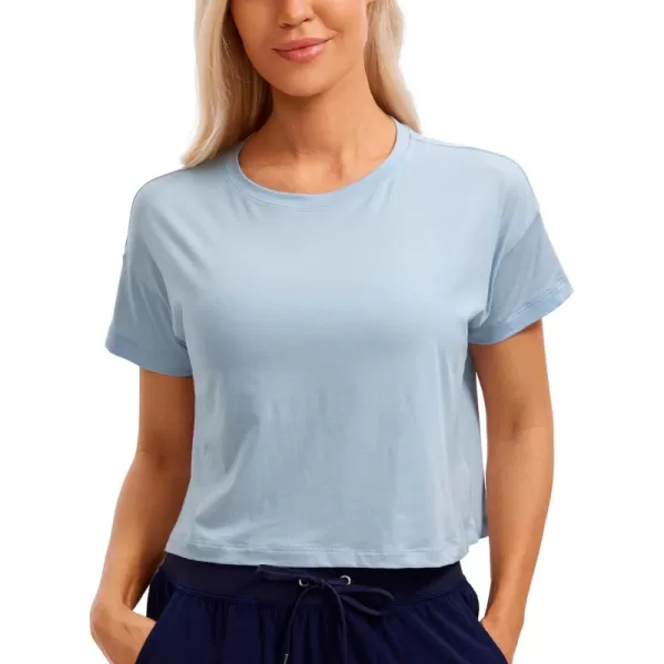 CRZ YOGA Womens Pima Cotton Workout Short Sleeve Shirts Loose Crop Tops Athletic Gym Shirt Casual Cropped TShirtBlue Linen