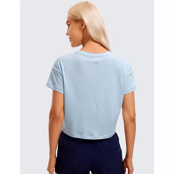 CRZ YOGA Womens Pima Cotton Workout Short Sleeve Shirts Loose Crop Tops Athletic Gym Shirt Casual Cropped TShirtBlue Linen