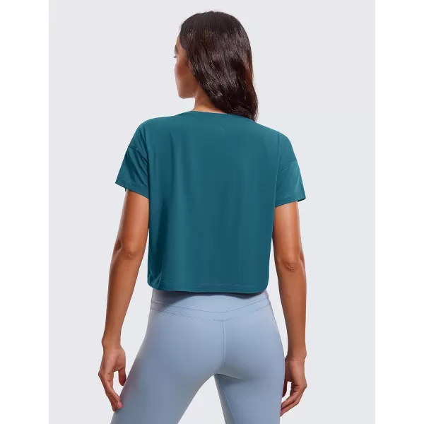 CRZ YOGA Womens Pima Cotton Workout Short Sleeve Shirts Loose Crop Tops Athletic Gym Shirt Casual Cropped TShirtGreen Jade