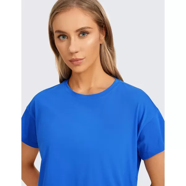 CRZ YOGA Womens Pima Cotton Workout Short Sleeve Shirts Loose Crop Tops Athletic Gym Shirt Casual Cropped TShirtStrong Blue