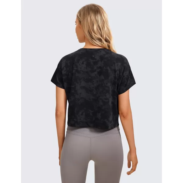 CRZ YOGA Womens Pima Cotton Workout Short Sleeve Shirts Loose Crop Tops Athletic Gym Shirt Casual Cropped TShirtTie Dye Smoke Ink
