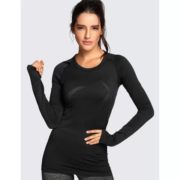 CRZ YOGA Womens Seamless Athletic Long Sleeves Sports Running Shirt Breathable Gym Workout TopBlackslim Fit