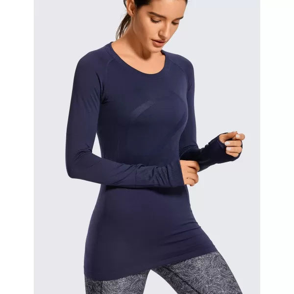 CRZ YOGA Womens Seamless Athletic Long Sleeves Sports Running Shirt Breathable Gym Workout TopNavyslim Fit