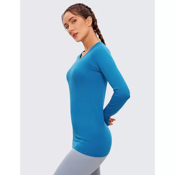 CRZ YOGA Womens Seamless Athletic Long Sleeves Sports Running Shirt Breathable Gym Workout TopSupersonic Blue