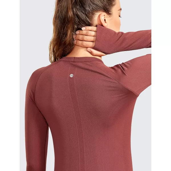 CRZ YOGA Womens Seamless Athletic Long Sleeves Sports Running Shirt Breathable Gym Workout TopThe Cognac Brownslim Fit