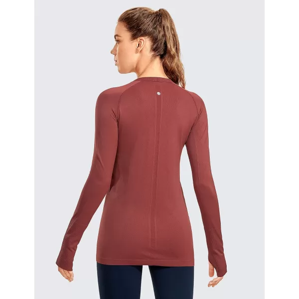 CRZ YOGA Womens Seamless Athletic Long Sleeves Sports Running Shirt Breathable Gym Workout TopThe Cognac Brownslim Fit