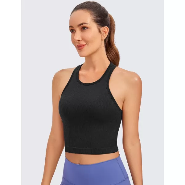 CRZ YOGA Womens Seamless Ribbed Longline High Neck Sports Bra  Racerback Padded Slim Fit Crop Tank Top with Built in BraBlack