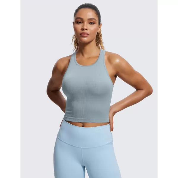 CRZ YOGA Womens Seamless Ribbed Longline High Neck Sports Bra  Racerback Padded Slim Fit Crop Tank Top with Built in BraCambric Blue