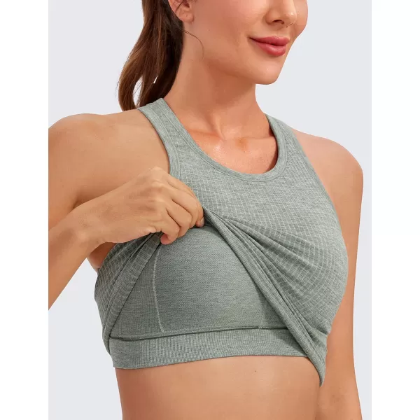 CRZ YOGA Womens Seamless Ribbed Longline High Neck Sports Bra  Racerback Padded Slim Fit Crop Tank Top with Built in BraDark Green Heather