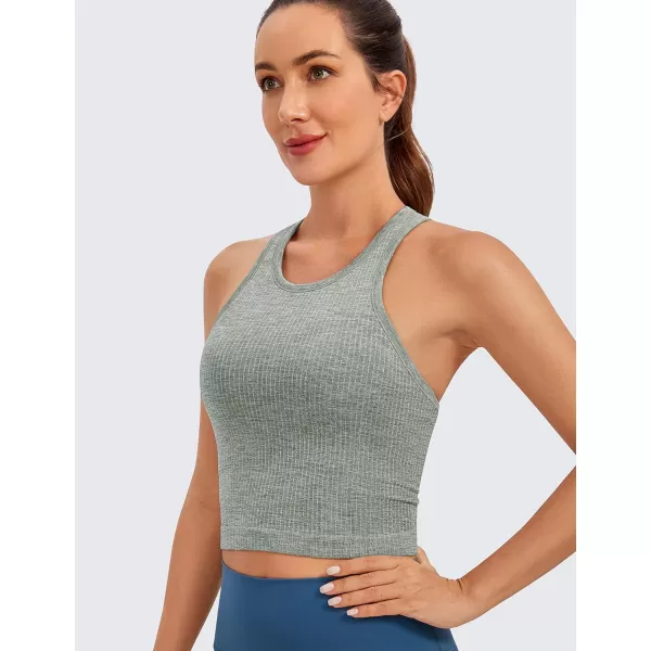 CRZ YOGA Womens Seamless Ribbed Longline High Neck Sports Bra  Racerback Padded Slim Fit Crop Tank Top with Built in BraDark Green Heather