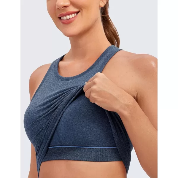 CRZ YOGA Womens Seamless Ribbed Longline High Neck Sports Bra  Racerback Padded Slim Fit Crop Tank Top with Built in BraDust Blue Heather