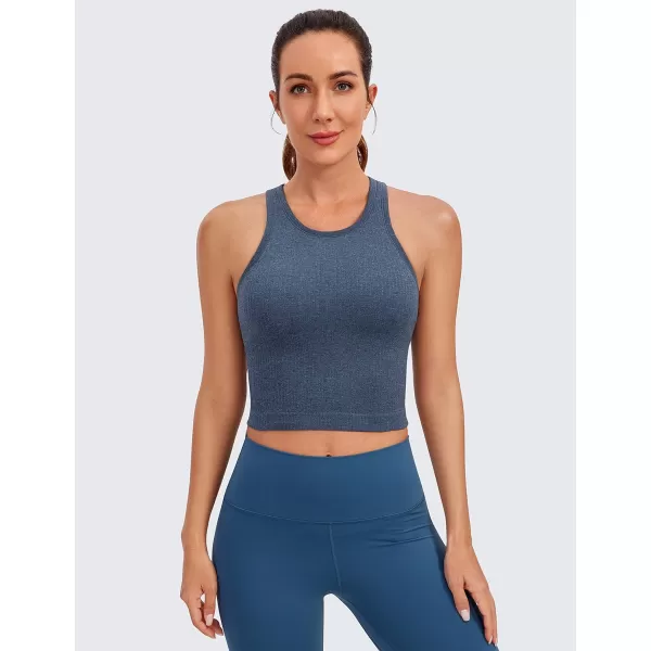 CRZ YOGA Womens Seamless Ribbed Longline High Neck Sports Bra  Racerback Padded Slim Fit Crop Tank Top with Built in BraDust Blue Heather