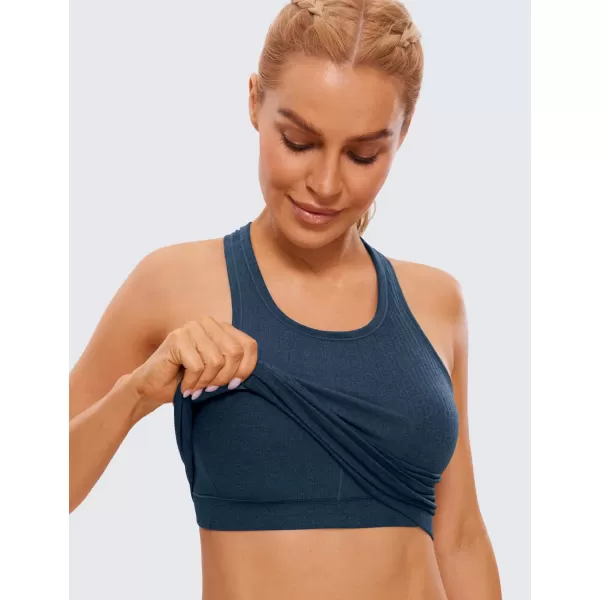 CRZ YOGA Womens Seamless Ribbed Longline High Neck Sports Bra  Racerback Padded Slim Fit Crop Tank Top with Built in BraFrench Navy