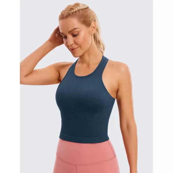 CRZ YOGA Womens Seamless Ribbed Longline High Neck Sports Bra  Racerback Padded Slim Fit Crop Tank Top with Built in BraFrench Navy