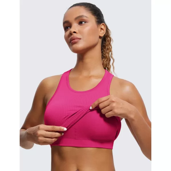 CRZ YOGA Womens Seamless Ribbed Longline High Neck Sports Bra  Racerback Padded Slim Fit Crop Tank Top with Built in BraGranita Pink