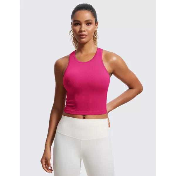 CRZ YOGA Womens Seamless Ribbed Longline High Neck Sports Bra  Racerback Padded Slim Fit Crop Tank Top with Built in BraGranita Pink